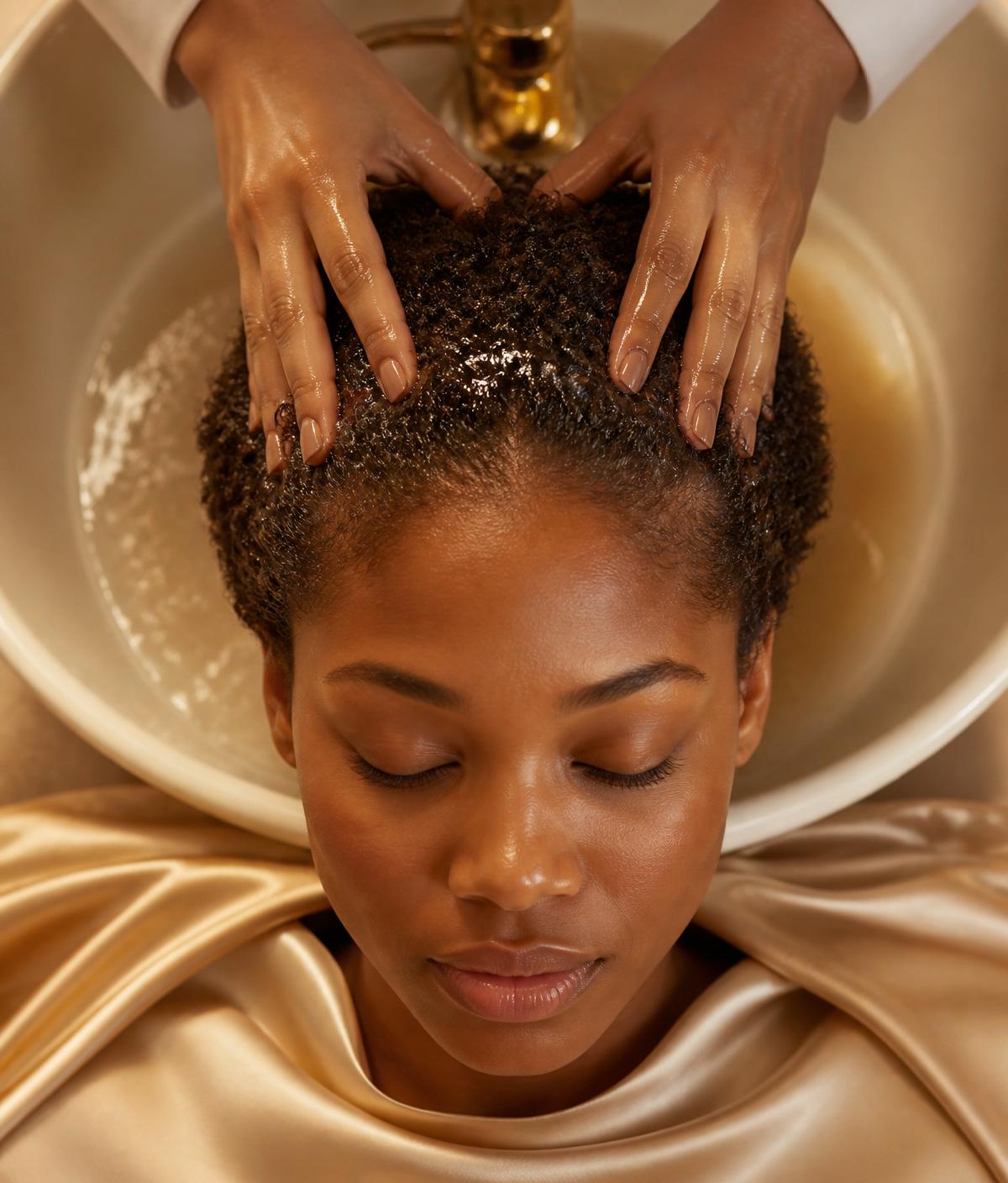Overhead view of a luxury scalp treatment at Riches Head Spa